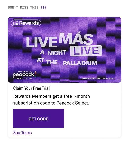 Taco Bell Peacock Offer Step 1