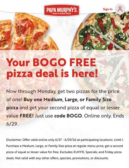 Papa Murphy's: Buy One, Get One FREE Medium/Large/Family-Sized