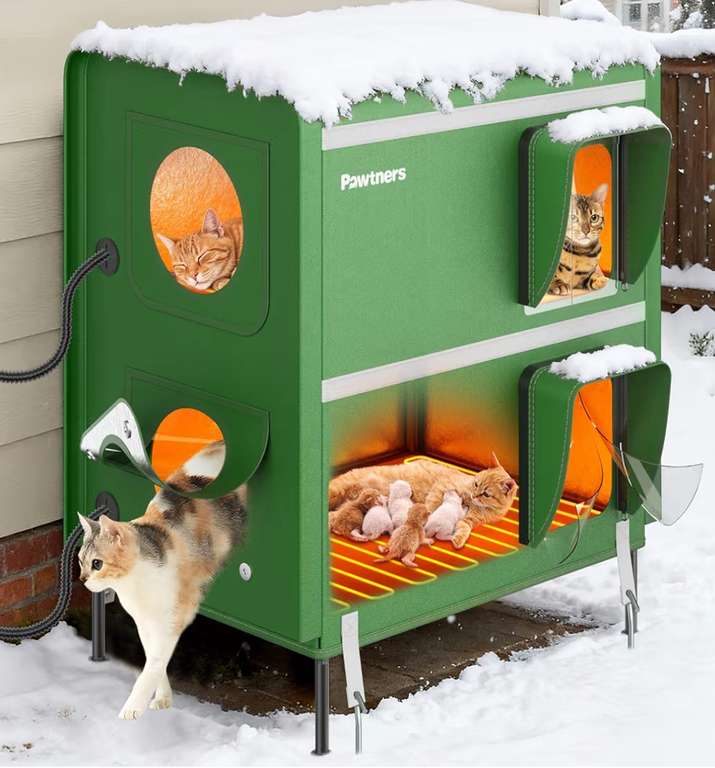 Pawtners 26'' XXL 2-Story Heated Outdoor Cat House with Heated Pad