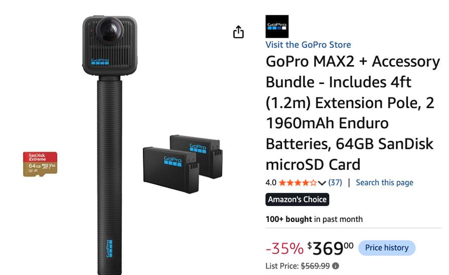 GoPro MAX2 8K Action Camera w/ 4' Extension Pole, 2 Batteries, 64GB ...