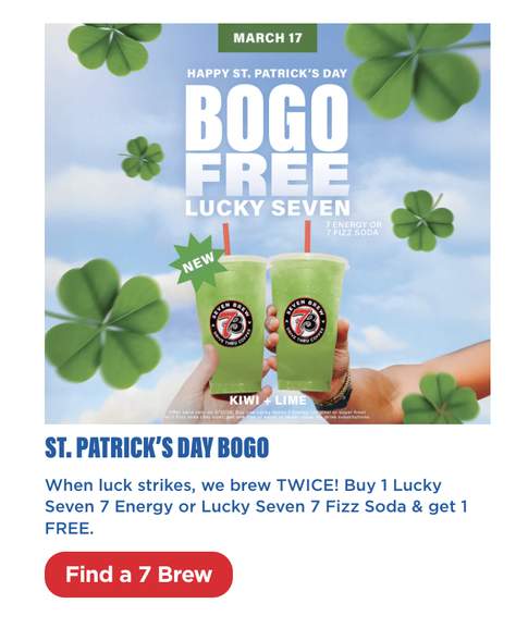 7 Brew: BOGO FREE Lucky Seven 7 Energy or Fizz Soda on St