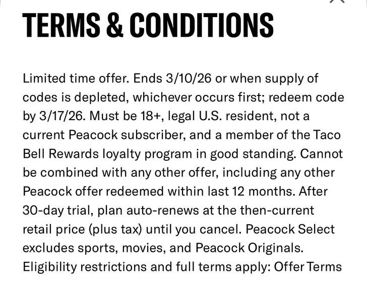 Taco Bell Peacock Offer Terms
