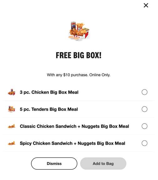 KFC: FREE 3pc Chicken, 5pc Tenders, or Chicken Sandwich Big Box