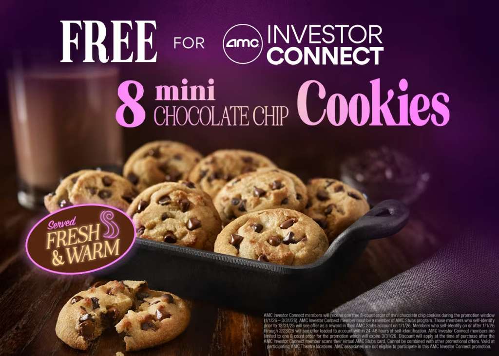 AMC: 8 FREE Mini Chocolate Chip Cookies via Investor Connect | Pepper