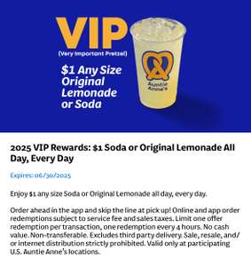 Auntie Anne's: $1 Any-Size Soda or Original Lemonade w/ code