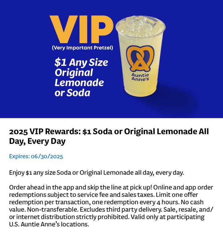 Auntie Anne's: $1 Any-Size Soda or Original Lemonade w/ code